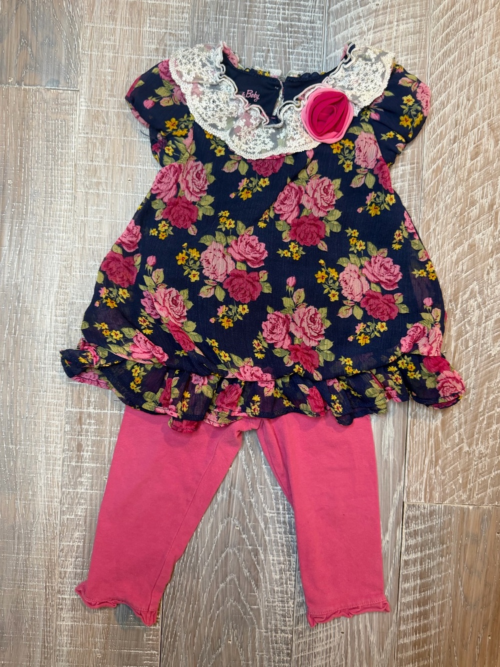Nannette Baby Lace-Trim Dress with Pink Rosette and Pink Ruffle Hem Leggings